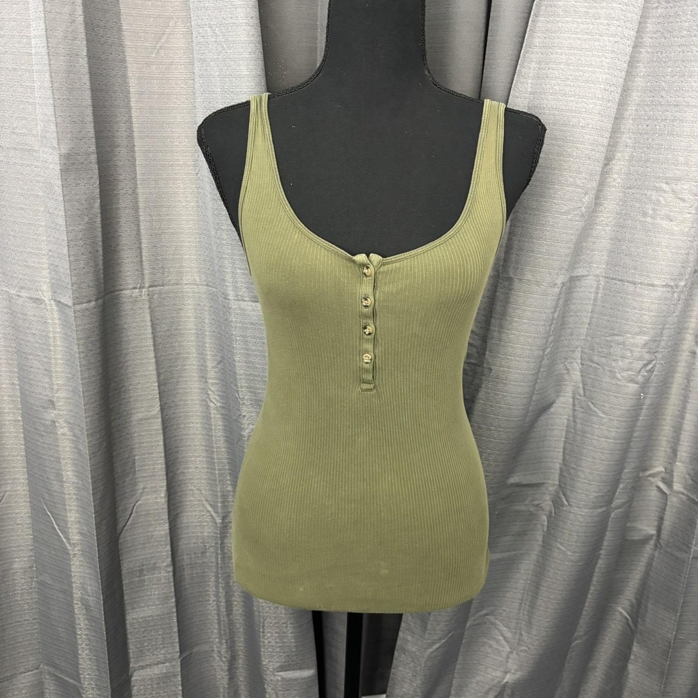 VTG Y2K Old Navy Tank Top Womens S Olive Green Ribbed Henley‎ Fitted Scoop Neck